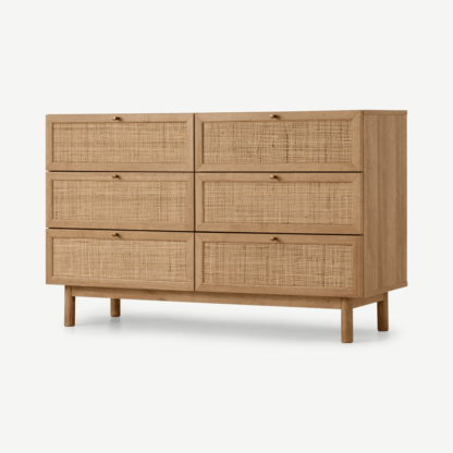 An Image of Pavia Wide Chest of Drawers, Natural Rattan & Oak Effect
