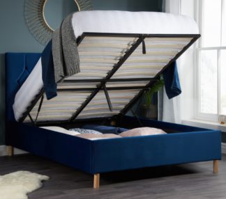 An Image of Loxley Blue Velvet Fabric Ottoman Storage Bed Frame - 4ft6 Double