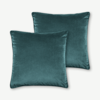 An Image of Julius Set of 2 Large Velvet Cushions, 59 x 59cm, Teal Blue