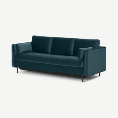 An Image of Harlow 3 Seater Sofa Bed, Steel Blue Recycled Velvet