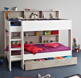 An Image of Tam Tam White and Grey Wooden Bunk Bed with Underbed Storage Drawer Frame - EU Single