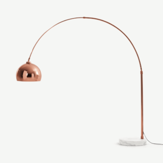 An Image of Bow Large Arc Overreach Floor Lamp, Copper and White Marble