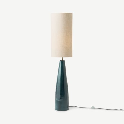 An Image of Vince Midi Floor Lamp, Reactive Glaze Blue Ceramic & Oatmeal