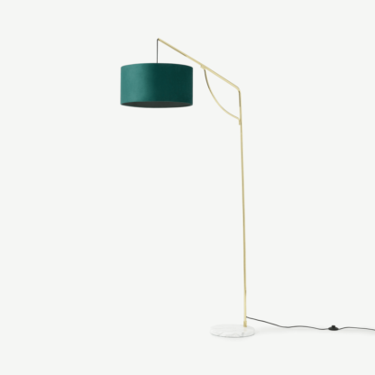 An Image of Carmella Overreach Floor Lamp, Peacock Blue Velvet, Brass & Marble