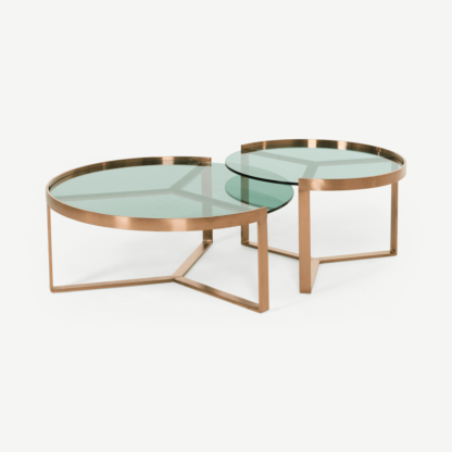 An Image of Aula Nesting Coffee Table, Brushed Copper and Green Glass