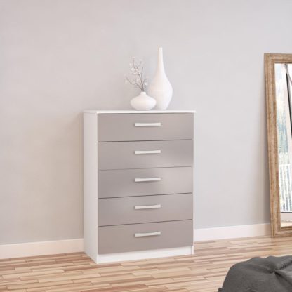 a177a0b1e900b582228aa078229d8897e6b6c85a5cdcf6a5346f33a35e6ef06c.jpg An Image of Lynx White and Grey 5 Drawer Chest
