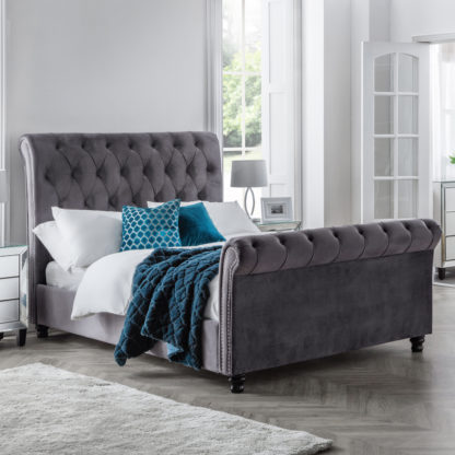 An Image of Valentino Grey Velvet Fabric Sleigh Bed Frame - 5ft King Size