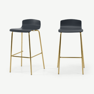 An Image of Syrus Set of 2 Bar Stools, Grey & Brass