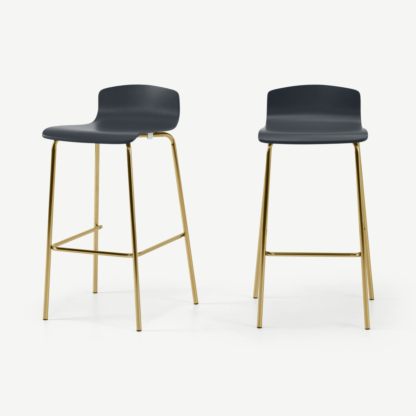 An Image of Syrus Set of 2 Bar Stools, Grey & Brass