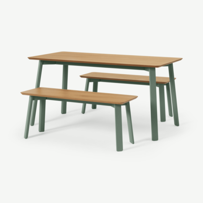 An Image of Asuna Dining Table & Bench Set, Oak & Fern Green