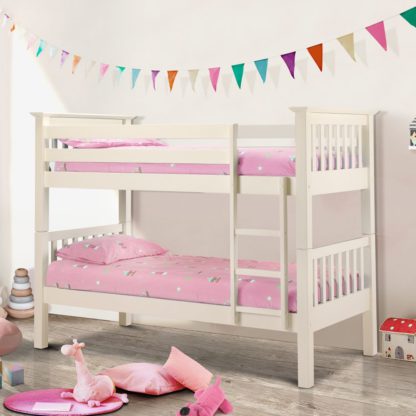 a8a2b6f22d811ab58bd35333f486e0d29cee0c367580f57135afba4e8e598511.jpg An Image of Barcelona Stone White Finish Solid Pine Wooden Bunk Bed Frame - 3ft Single