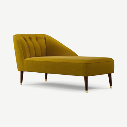 An Image of Margot Right Hand Facing Chaise Longue, Antique Gold Cotton Velvet with Dark Wood Brass Leg