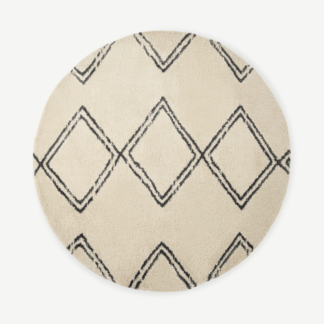 An Image of Caram Round Berber Style Rug, Large 200cm, Off-White & Charcoal Grey