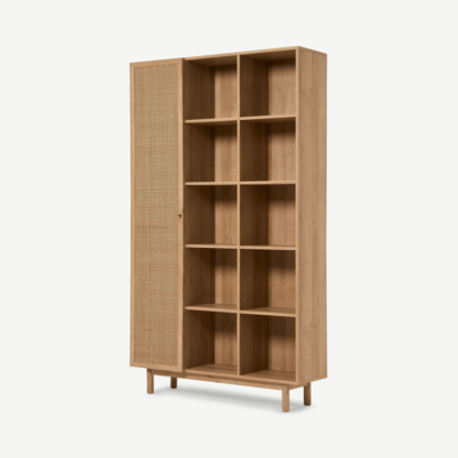 An Image of Pavia Wide Shelving Unit, Natural Rattan & Oak Effect