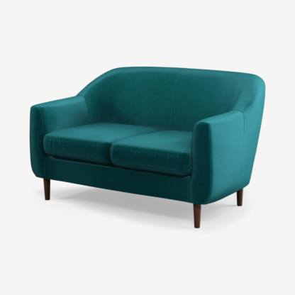 An Image of Tubby 2 Seater Sofa, Tuscan Teal Velvet with Dark Wood Legs