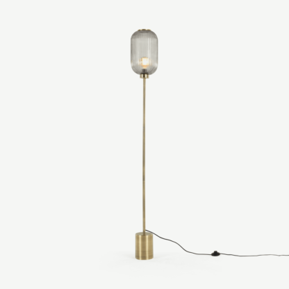 An Image of Briz Textured Glass Floor Lamp, Antique Brass & Smoke