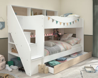 An Image of Bibliobed White and Oak Staircase Bunk Bed With Underbed Trundle - EU Single