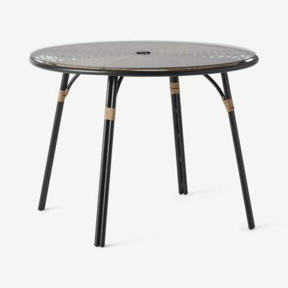 b146a07acdf1dbbafdcee3dae1c07196a81935fe4b494cc4bd6ed5f59a61cf5f-1.png An Image of Swara Garden 4 seater Round Dining Table, Polyrattan and Glass