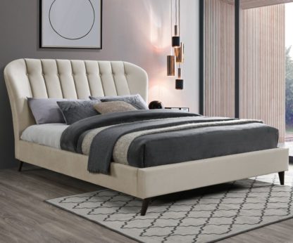 b1ecc673e3d0ac3aa0c502496dd6d9a814fcd434c56badb3421aca43b9f956c3-1.jpg An Image of Elm Warm Stone Velvet Fabric Bed Frame - 4ft Small Double
