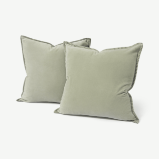 An Image of Allura Set of 2 100% Cotton Velvet Cushions, 50 x 50 cm, Sage Green