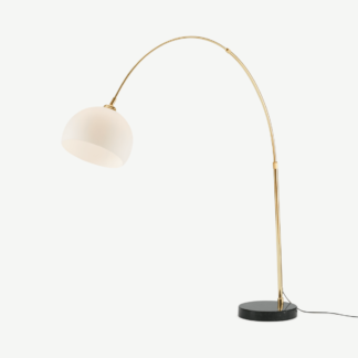 An Image of Bow Large Overeach Arc Floor Lamp, Brass, Black Marble & Opal Glass