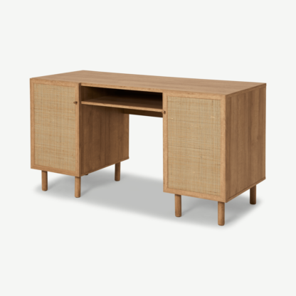 An Image of Pavia Wide Desk, Natural Rattan & Oak Effect