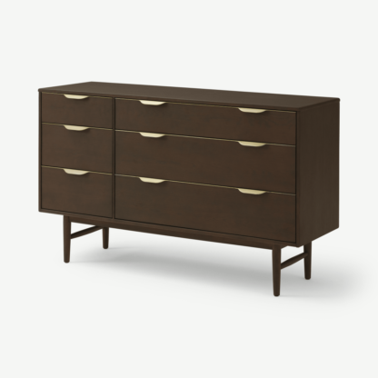 An Image of Mallory Wide Chest of Drawers, Walnut Stain Oak & Brass