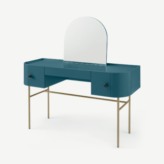 An Image of Tandy Dressing Table, Teal Blue with Gloss Black Handles & Brass Legs