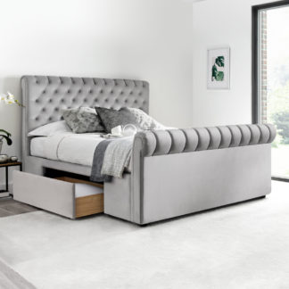 An Image of Deacon Grey Velvet Fabric 2 Drawer Sleigh Bed - 4ft6 Double