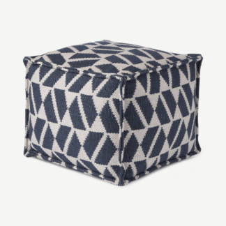An Image of Oblique Indoor/ Outdoor Square Pouffe, Teal Blue & Grey