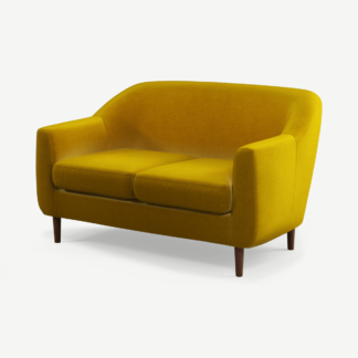 An Image of Tubby 2 Seater Sofa, Saffron Yellow Velvet with Dark Wood Legs