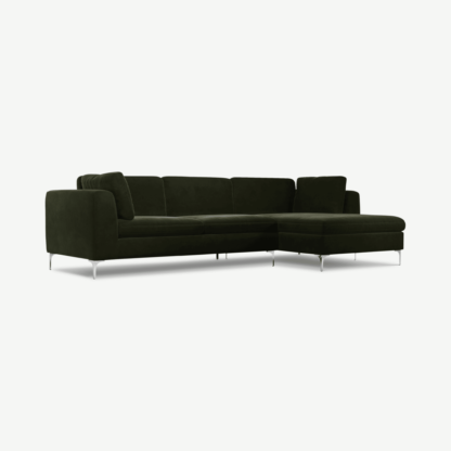 An Image of Monterosso Right Hand Facing Chaise End Sofa, Dark Olive Velvet with Chrome Leg