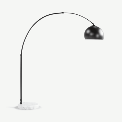 An Image of Bow Large Arc Overreach Floor Lamp, Black and White Marble