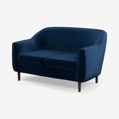 An Image of Tubby 2 Seater Sofa, Regal Blue Velvet with Dark Wood Legs