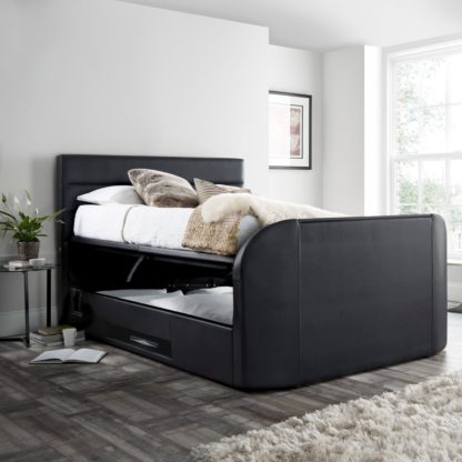 An Image of Annecy Black Leather Ottoman Media Electric TV Bed Frame - 5ft King Size
