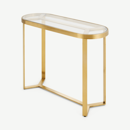 bb3bf50d16932d146754d24ed9aac6ac4643833c32cf9784e2974f86273dfe3f-1.png An Image of Aula Console Table, Brushed Brass and Glass