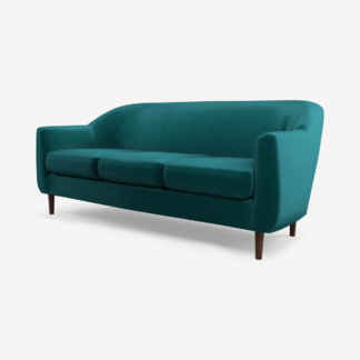 An Image of Tubby 3 seater, Tuscan Teal Velvet, Dark Wood Leg