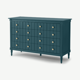 An Image of Bourbon Vintage Wide Chest Of Drawers, Petrol Blue & Brass