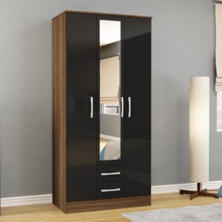 An Image of Lynx 3 Door Combination Mirrored Wardrobe Walnut and Black