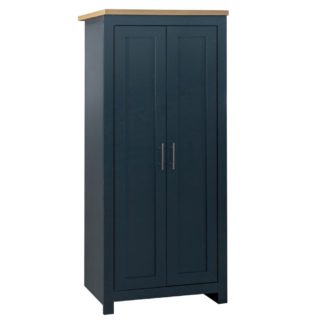 An Image of Highgate Navy Blue and Oak Wooden 2 Door Wardrobe