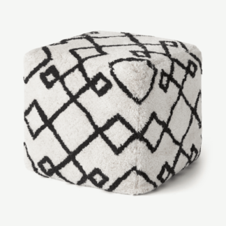 An Image of Fes 100% Wool Tufted Pouffe, Off White & Black