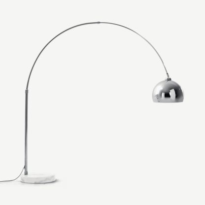 An Image of Bow Large Arc Overreach Floor Lamp, Chrome and White Marble