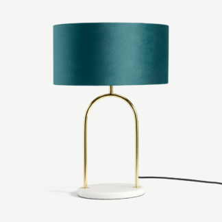 An Image of Carmella Table Lamp, Peacock Blue Velvet, Brass & Marble