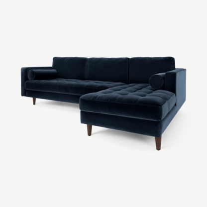 An Image of Scott 4 Seater Right Hand Facing Chaise End Corner Sofa, Navy Cotton Velvet