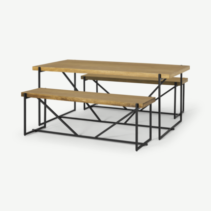 d3734648cf174eda394660d19b7def75bc607f180b14fc2d01f588a3b8b90fce-1.png An Image of Morland Dining Table & Bench Set, Light Mango Wood