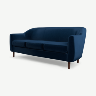An Image of Tubby 3 Seater Sofa, Regal Blue Velvet with Dark Wood Legs