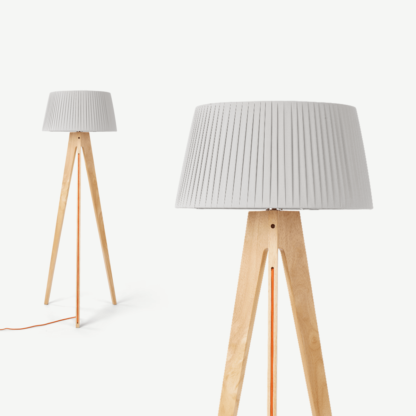 An Image of Miller Tripod Floor Lamp, Natural Wood and Orange
