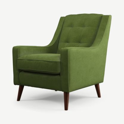 An Image of Content by Terence Conran Tobias, Armchair, Plush Vine Green Velvet, Dark Wood Leg