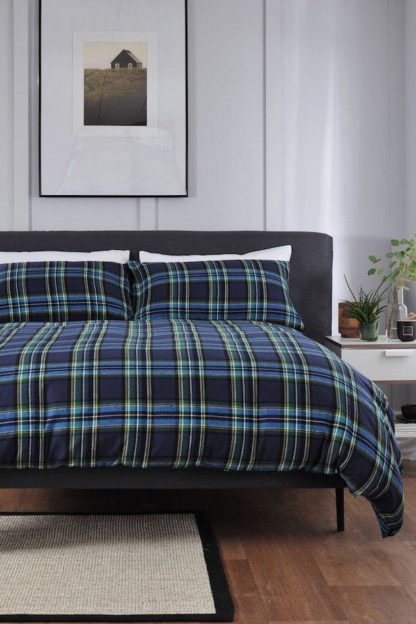 An Image of Blue Tartan Brushed Cotton Double Duvet Set