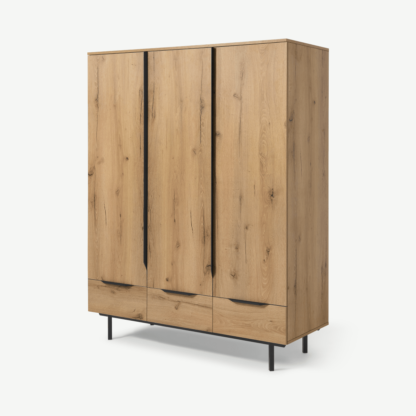 An Image of Damien Triple Wardrobe, Distressed Oak Effect & Black